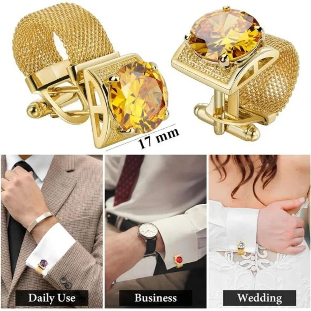 Men's Birthstone Gold Tone Cufflinks with Chain Shirt